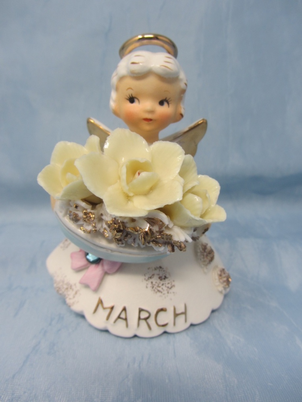 LEFTON MARCH Birthday Angel Girl 489 Birthstone Daffodil Figurine 4.5" Vintage